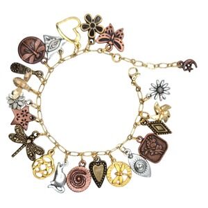 Handmade Boho Nature Mixed Metal Multi Charm Bracelet Dragonfly Heart Cat Flower